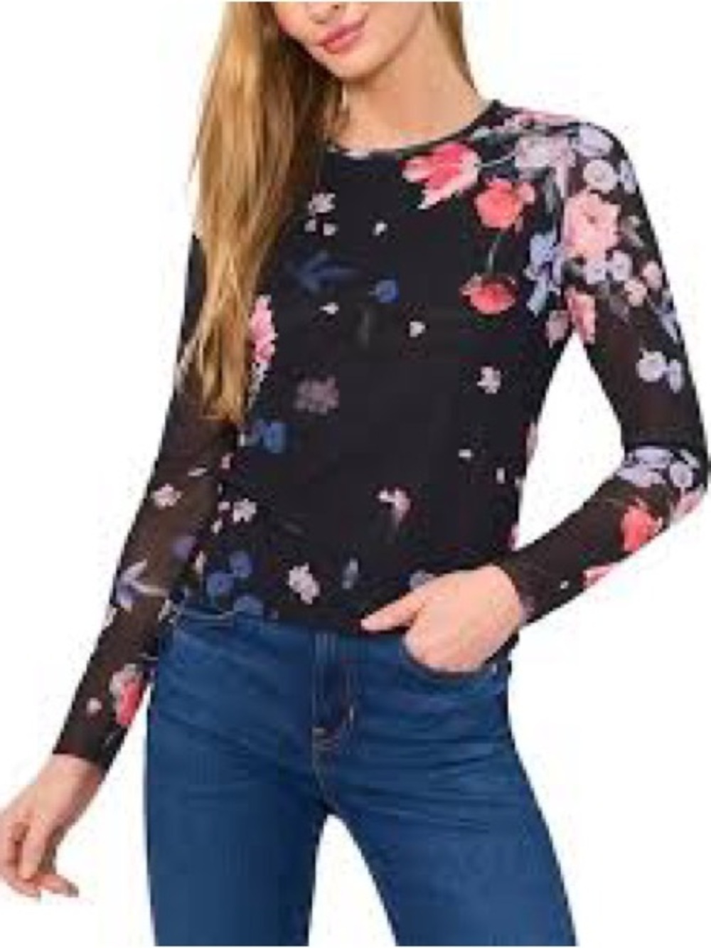 Ted Baker - Vibrant Colorful Floral Print Mesh Long Sleeve Blouse Size XS